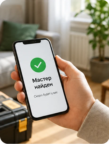 На телефоне показано сообщение Мастер найден